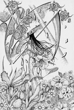 ペン画 インクで描いたイラスト 狩人 ハンター 大鎌 薔薇 バラの花 花畑 花壇 百合の花